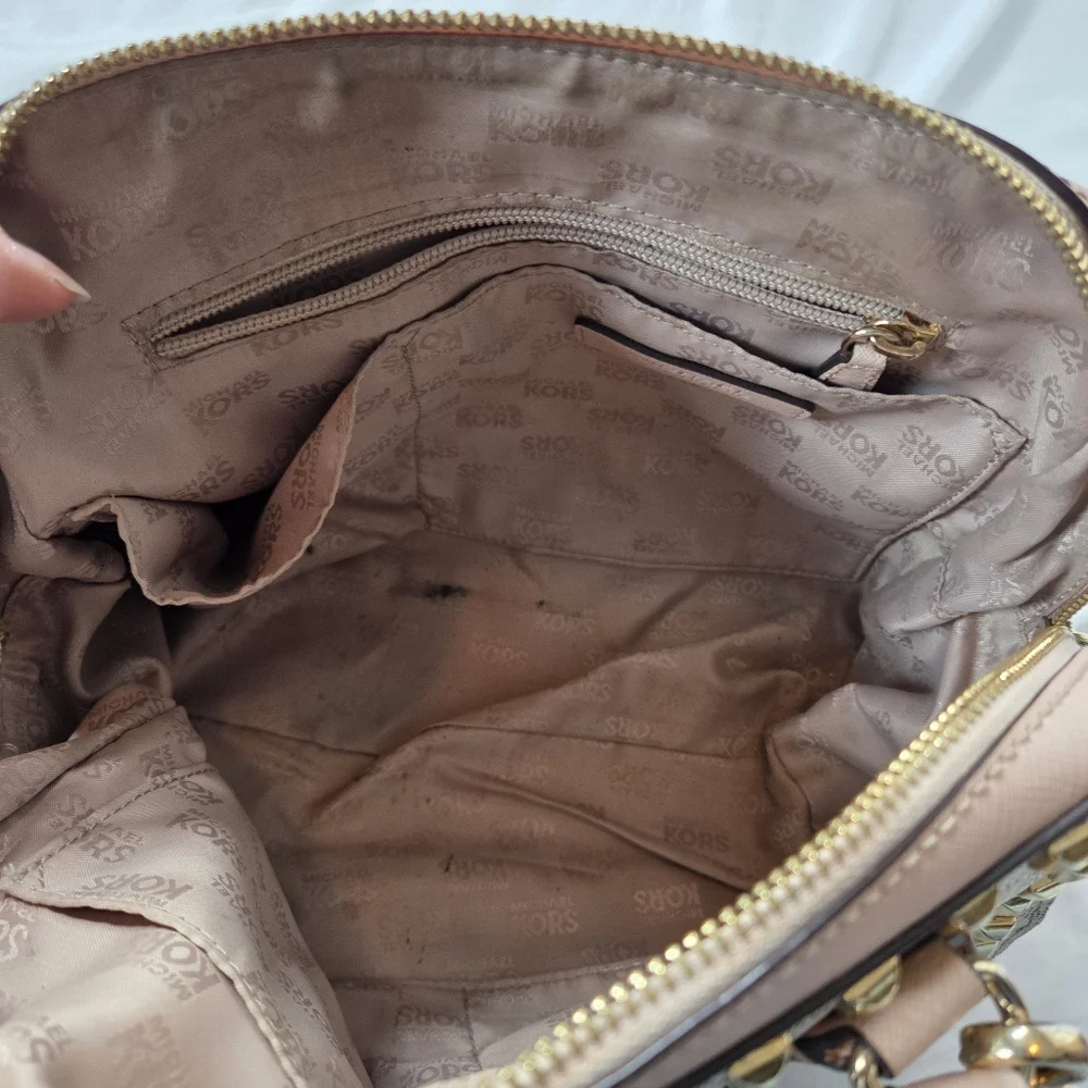 Michael Kors Pink and Gold Studded Bowling Satchel Crossbody